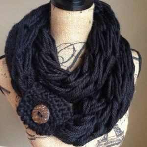 Handmade Black infinity scarf with coconut button cuff one size lightweight y2k